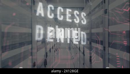 Image of access denied text in circuit board pattern and binary codes over bars on server room Stock Photo