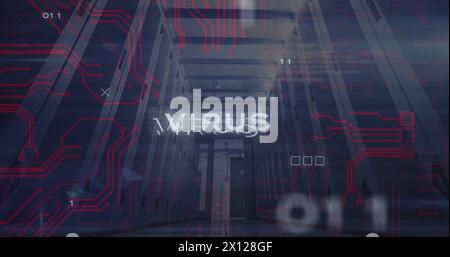 Image of virus text, binary codes and computer language, low angle view of server room Stock Photo