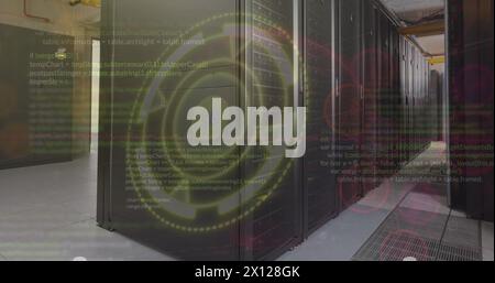 Image of icons, computer language and loading circle over serve room Stock Photo