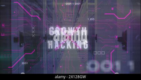 Image of binary codes over circuit board pattern and growth hacking text against server room Stock Photo