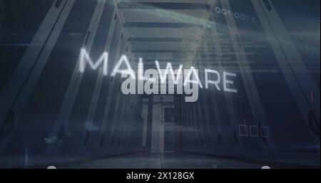 Image of malware text and computer language over low angle view of server room Stock Photo