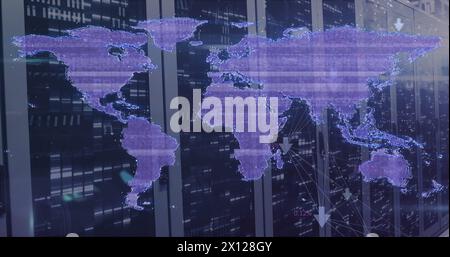 Image of glitch effect over world map against mosaic squares over computer server room Stock Photo
