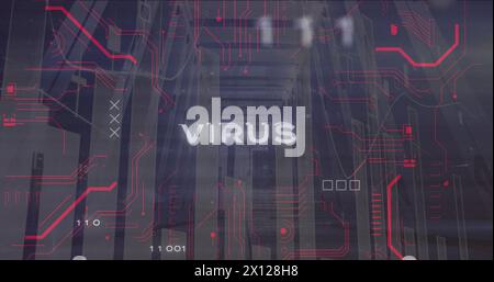 Image of virus text and binary codes over graphs against low angle view of server room Stock Photo