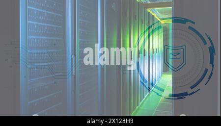 Image of envelope and shield in loading circles over server room Stock Photo