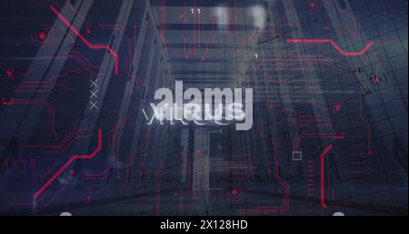 Image of virus text in circles over mathematical equations and computer language on server room Stock Photo