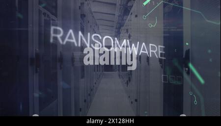 Image of ransomware text, computer language, electronic circuit board pattern over server room Stock Photo
