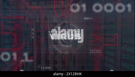Image of virus text on circles, circuit board pattern, binary codes, numbers on server room Stock Photo