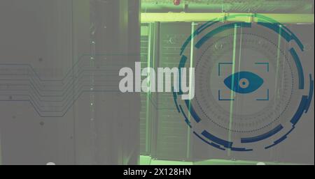 Image of eye in viewfinder with loading circles over illuminated server racks in server room Stock Photo