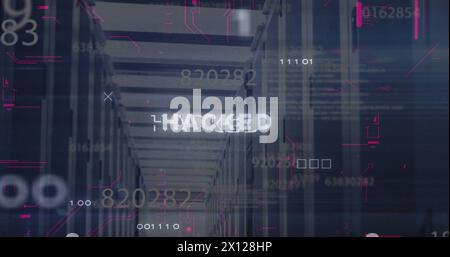 Image of changing numbers, hacked text, computer language and binary codes over server room Stock Photo