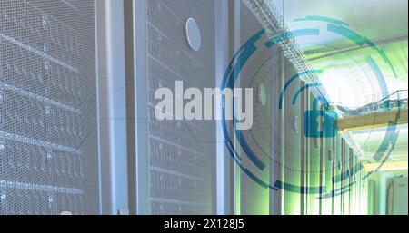 Image of padlock in loading circles over data server racks in server room Stock Photo