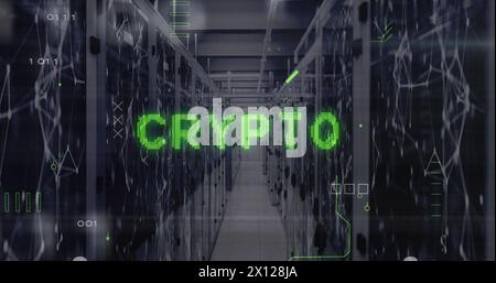 Image of crypto text, x sign, binary codes and circuit board patterns over server room Stock Photo