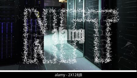 Image of connected dots forming nft text against server room in background Stock Photo