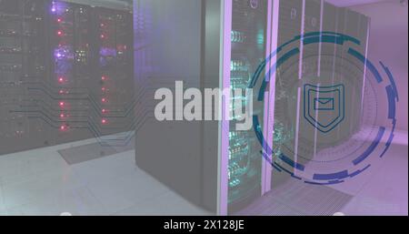 Image of envelope and shield in loading circles, illuminated data server racks in server room Stock Photo