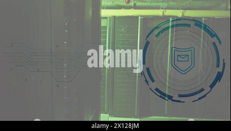 Image of envelope and shield in loading circles, illuminated data server racks in server room Stock Photo