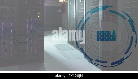 Image of firewall icon in loading circles over illuminated server racks in server room Stock Photo