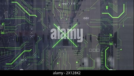 Image of x symbol with binary codes over circuit board pattern on server racks Stock Photo