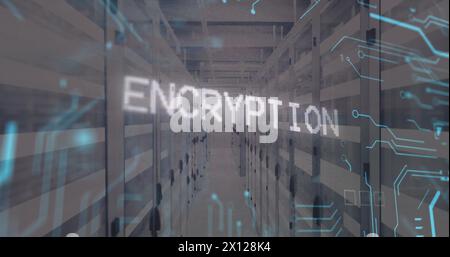 Image of circuit board pattern around binary codes and encryption text over server room Stock Photo