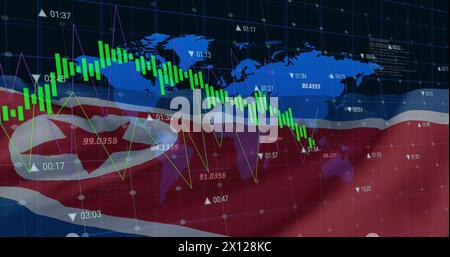 Image of blue lines financial data processing, world map over flag of north korea Stock Photo