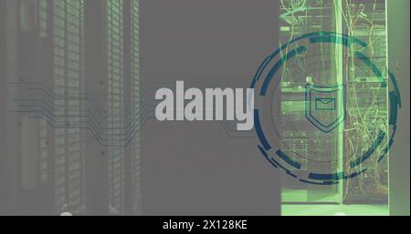 Image of envelope and shield in loading circles, illuminated data server racks in server room Stock Photo