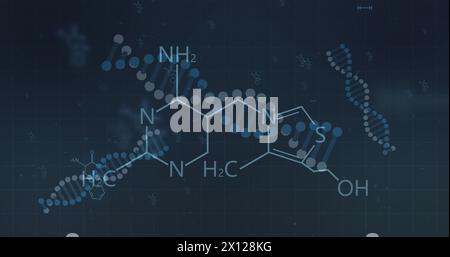 Element structure over rotating dna strands on black background Stock Photo
