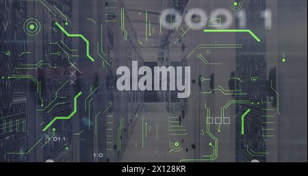 Image of x symbol with binary codes and circuit board patterns over server room Stock Photo