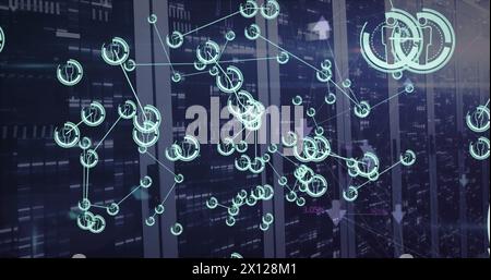 Image of icons connected with lines over falling bar against server room in background Stock Photo