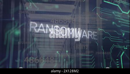 Image of ransomware text and numbers with electronic circuit board pattern over server room Stock Photo