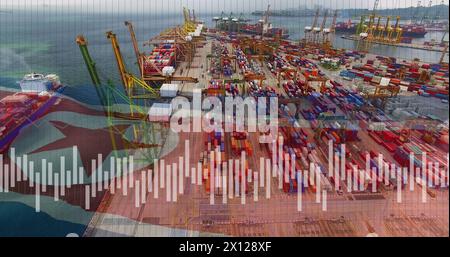 Image of diagrams, data processing and flag of north korea over port Stock Photo