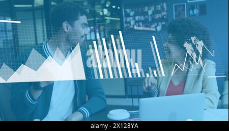 Image of graphs, loading bars and map, diverse coworkers looking at laptop and giving high five Stock Photo