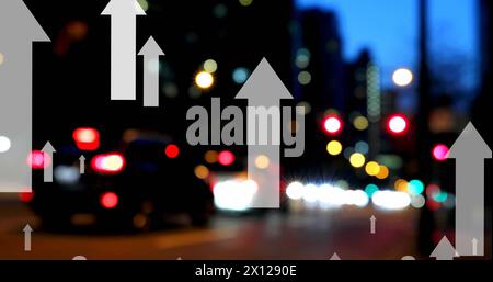 Image of multiple up arrows over blurred vehicles moving on street in city Stock Photo
