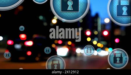 Image of padlock in circles over blurred vehicles moving on street against modern buildings Stock Photo