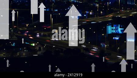 Image of multiple up arrows over time lapse of moving vehicles on bridge in city Stock Photo