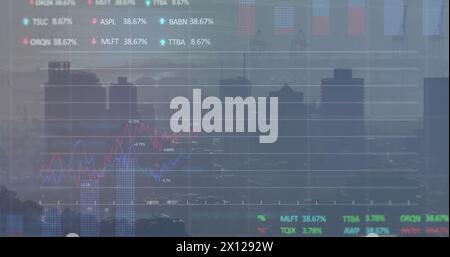 Image of data processing over cityscape Stock Photo