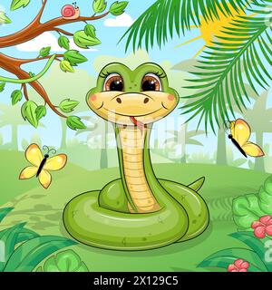 Cute cartoon green snake in nature. Vector illustration of an animal in a tropical forest with red flowers, yellow butterflies and trees. Stock Vector
