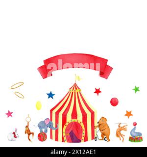 Horizontal composition watercolor circus tent and animals: elephant, rabbit, bear, cat, monkey and seal with red ribbon, stars on white background. Stock Photo
