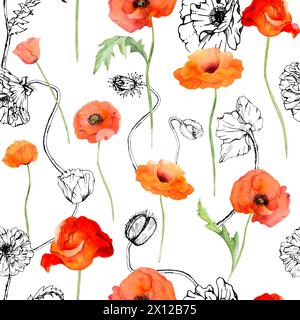 Hand drawn watercolor botanical illustration flowers leaves. Red poppy papaver, stems buds seedpods. Seamless pattern isolated white background Stock Photo