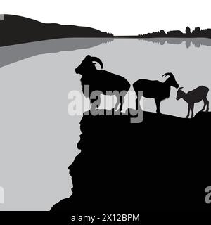 Herd of barbary sheep on a rocky hill Stock Vector
