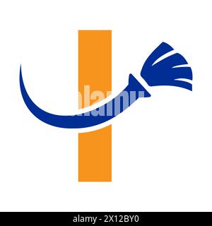 Letter I House Clean Logo With Clean Brush Symbol. Maid and Broom Icon Stock Vector