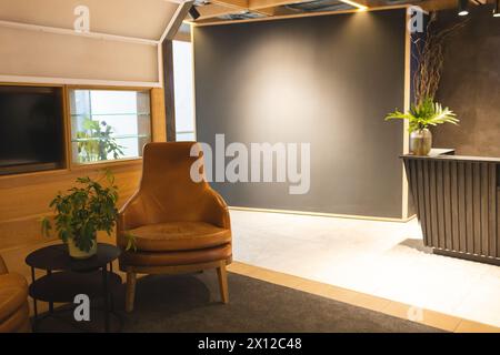 Empty brown armchair sitting next to small table with plants Stock Photo