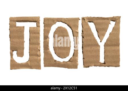 A word "JOY" cut out from a cardboard on white background with clipping path Stock Photo