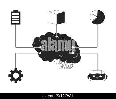 Digital brain machine learning black and white 2D line cartoon object Stock Vector