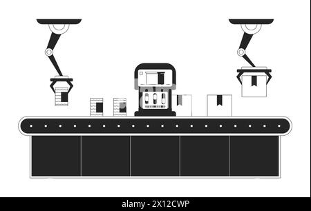 Factory assembly line boxes black and white 2D line cartoon object Stock Vector