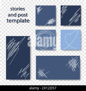 A set of modern blue social media story and post templates with abstract white line art and scribbles, ideal for trendy online content Stock Vector