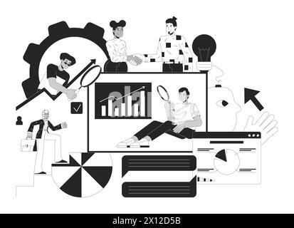 Data analytics service black and white 2D illustration concept Stock Vector