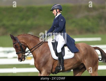 Burnham Market, UK. 12th Apr, 2024. Zara Tindall takes part in the Barefoot Retreats Burnham Market International Horse Trials today, riding Class Affair in the dressage discipline of the three-day event in Norfolk. Credit: Paul Marriott/Alamy Live News Stock Photo