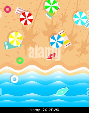 Summer vacation leisure time. Beach tropical resort with umbrellas and towels on the sand, surf boards and tubes. Vector illustration flat. Stock Vector