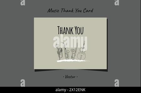 Card thank you musical instruments trumpet, saxophone, trombone, bass brush stroke minimal design. Stock Vector