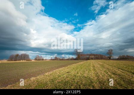 Dark rainy clouds over field and meadow, February day, eastern Poland Stock Photo