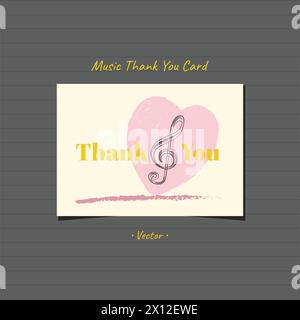 Hand drawn music thank you note card gift with love heart shape and music note brushstroke design. Stock Vector