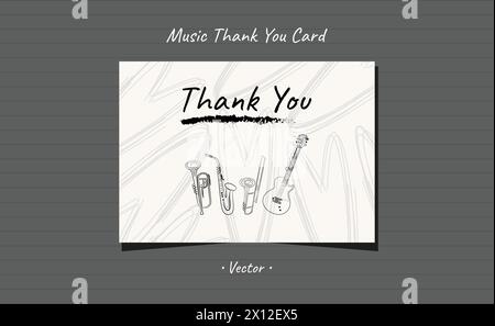 Thank you card musical instruments hand drawn line art with brushstroke and heart shapes design. Stock Vector